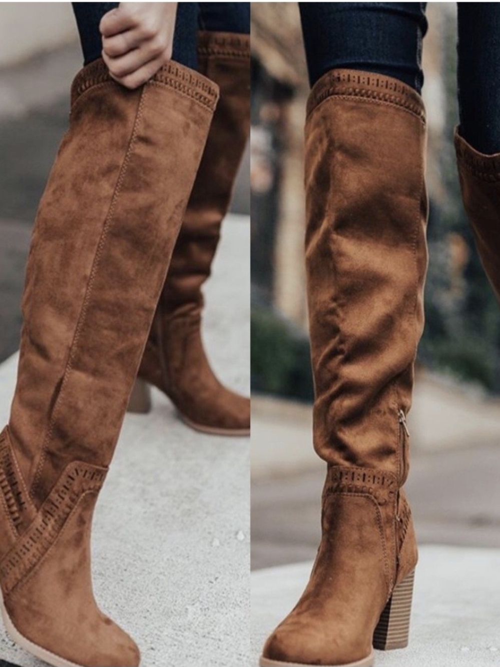 Women's Knee High Block Heel Boots - Chestnut Brown